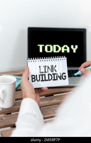 Didascalia concettuale link Building. Parola per SEO link di scambio termine acquisire hyperlink indicizzati Foto Stock