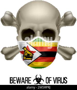 Cranio umano con ossa incrociate e maschera chirurgica nel colore della bandiera nazionale Zimbabwe. Maschera in forma di bandiera dello Zimbabwe e cranio come concetto di Dire Illustrazione Vettoriale