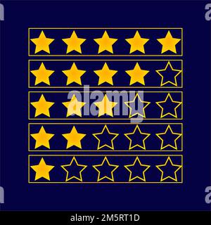 Icona di revisione grafica a 5 stelle o feedback di valutazione verifica successo posizione a cinque stelle. Illustrazione Vettoriale