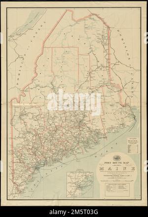 Mappa degli itinerari postali dello stato del Maine che mostra gli uffici postali con le distanze intermedie sulle rotte postali in funzione sul 1st. Del 1897 dicembre. Mostra anche contee e ferrovie. Inset: Dintorni di Portland. Include l'elenco delle contee che mostrano la posizione relativa.... , Maine Foto Stock