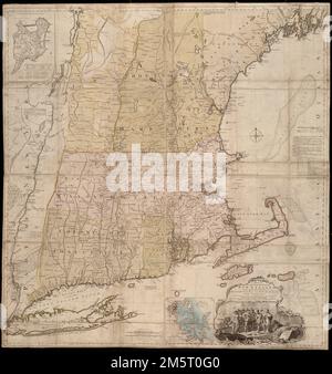 Una mappa della parte più abitata del New England : contiene le province di Massachussets Bay e New Hampshire, con le colonie di Conecticut e Rhode Island, divise in contee e borghi : il tutto composto da indagini reali e la sua situazione regolata da osservazioni astronomiche. Stato 4th (LC). Edizione 3rd (Stevens & Tree). Primi meridiani: Londra e ferro. Rilievo mostrato in figura. Include dati di compilazione e inset di "Un piano della città di Boston" e "Un piano del porto di Boston da un'accurata indagine", ca. 1:150.000.. Questa grande e dettagliata mappa del New England è stata compilata Foto Stock