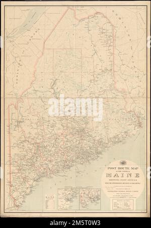 Mappa degli itinerari postali dello stato del Maine con gli uffici postali con le distanze intermedie sulle rotte postali in funzione il 1st dicembre 1903. Mostra anche contee e ferrovie. Inset: Dintorni di Portland -- dintorni di Bath. Include l'elenco delle contee che mostrano la posizione relativa.... , Maine Foto Stock