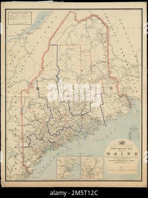 Mappa delle rotte postali dello Stato del Maine con gli uffici postali con le distanze intermedie e le rotte postali in funzione il 1st dicembre 1895. Mostra anche contee, ferrovie e [distretti congressuali?]. Primi meridiani: Washington e Greenwich. Inset: Dintorni di Portland -- dintorni di Bangor. Include l'elenco delle contee che mostrano la posizione relativa. 'La manutenzione su questo schema aggiornata a dicembre 1st. 1895.'... , Maine Foto Stock