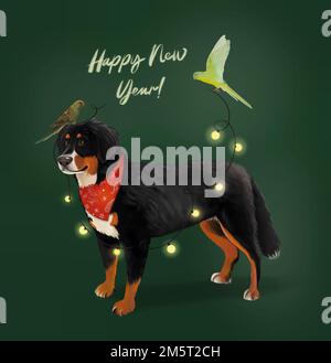 Colorato schizzo di Capodanno di cane e pappagalli. Bernese Cattle Dog o Berner Sennenhund. Splendido cane da lavoro di razza svizzera isolato Foto Stock