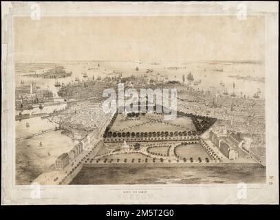 Vista dall'alto di Boston. Iscritto secondo un atto di Congresso nel 1850 presso l'Ufficio dei Clerks della Corte Distrettuale del Distretto Meridionale di New York. John Bachmann, un immigrato tedesco, è stato uno dei primi e migliori produttori di visioni d'uccello urbane. Durante la sua carriera, pubblicò due visioni di Boston – una nel 1850 e l'altra nel 1877. In questa prima versione, Bachmann ha visto la città da sud-ovest, guardando direttamente il Giardino pubblico e il comune, con il resto del centro notevolmente diminuito dalla prospettiva. Mentre lungo i bordi appaiono varie ferrovie Foto Stock
