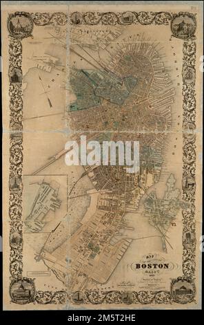 Mappa della città di Boston, Massts., 1852. Mostra i contorni degli edifici. Orientato con nord verso l'alto a sinistra. Include sedici illustrazioni dei principali edifici a margine. Le 'ts' in 'Massts' nel titolo e la 'n' in 'Bosn' al posto della pubblicazione sono indicate in apice... Mappa della città di Boston, Massachusetts, 1852 Boston, Massts., 1852. Mappa della città di Boston, Massachusetts, 1852 Boston, Massts., 1852, Massachusetts , Suffolk , contea , Boston Foto Stock