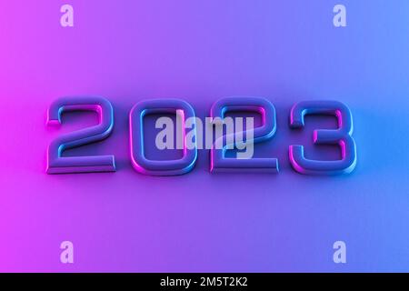 I numeri 2023 in luce al neon. Capodanno 2023 su sfondo rosa blu. La cartolina è in viola. Buon Natale. Foto Stock