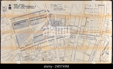 Miglioramenti al traffico Park Plaza e controlli del livello di livellamento. Raffigura la circolazione del traffico e i cambiamenti di strada nell'area urbana Park Plaza del centro di Boston. Mostra anche i sub-pacchi (con i dati di parcheggio) e il layout di New Charles Street. Elenca le date delle revisioni e descrive le revisioni. "Rivisto il 10 marzo 1978."... , Massachusetts , Suffolk , contea , Boston Park Square Foto Stock