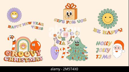 Set vettoriale retrò Mascot New Year. Regalo di Holly jolly, pazzo, grovy biglietto di auguri di natale. Illustrazione Vettoriale