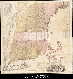 Una mappa della parte più abitata del New England : contiene le province di Massachussets Bay e New Hampshire, con le colonie di Conecticut e Rhode Island, divise in contee e borghi : il tutto composto da indagini reali e la sua situazione regolata da osservazioni astronomiche. Stato 4th (LC). Edizione 3rd (Stevens & Tree). Primi meridiani: Londra e ferro. Rilievo mostrato in figura. Include dati di compilazione e inset di "Un piano della città di Boston" e "Un piano del porto di Boston da un'accurata indagine", ca. 1:150.000.. Questa grande e dettagliata mappa del New England è stata compilata Foto Stock