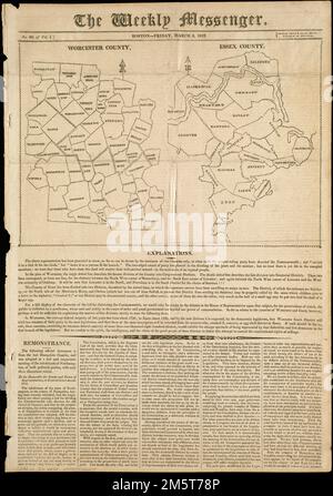 Contea di Worcester : Contea di Essex. Mappe delle contee di Worcester e Essex, che compaiono nell'edizione del 6 marzo 1812 (n. 20 di v. 1) del Weekly Messenger.. Durante le prime settimane di marzo 1812, diversi giornali di Boston hanno pubblicato questa mappa che ha ispirato la creazione del cartoon “gerrymander”. La mappa illustra i nuovi distretti senatoriali nelle contee di Worcester e Essex. L’articolo spiega che queste contee avevano una “immensa maggioranza federale”, ma probabilmente eleggerebbero quattro federalisti e cinque Jeffersonian-Repubblicani, il partito del governatore Elbridge Gerry. Nel criticare questa ripetizione Foto Stock