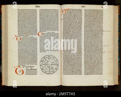 Mappa mondiale T-o senza firma e senza titolo. Pubblicato in ''Etymologiae'' (Venezia, 1483). Semplici diagrammi simili a mappe, noti come mappe del mondo T-o, riflettono una vista medievale del mondo europeo. Questi semplici disegni raffigurano le masse terrestri della Terra come un cerchio circondato dall'acqua. La terra è separata in tre parti, delimitate da una croce a T o Tau, suggerendo che la testa di Cristo (o Gerusalemme) era il centro dell'universo. Le braccia orizzontali rappresentano il Nilo e il Don, mentre il braccio verticale è il Mediterraneo. Orientata con l'Est al vertice, l'Asia occupa la metà superiore del cerchio, mentre l'Europa un Foto Stock