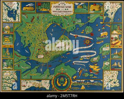 Una mappa di Portland Maine e di alcuni luoghi. Orientato con nord in alto a destra. Alcuni edifici mostrati in figura. Include note su luoghi o eventi storici. Border include 5 mappe, 13 illustrazioni di edifici o luoghi e l'illustrazione del sigillo della città. Mappe in confine: Lago di Sebago -- Una mappa dei Kennebunks -- Falmouth Neck 1775 come è stato distrutto da Mowett -- Una mappa di Cape Elizabeth -- Una mappa del collo di Prout. 'Copyright 1928, The Tudor Press, Boston.'... , Maine , Cumberland , contea , Portland Foto Stock