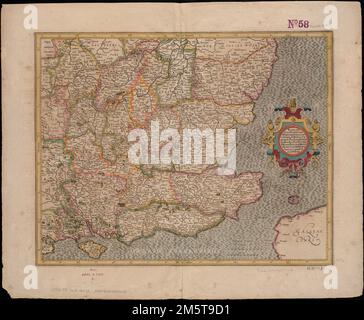 Warwicum, Northamtonia, Huntingdonia, Cantabrigia, Suffolcia, Oxonium, Buckinghamia, Bedfordia, Hartfordia, Essexia, Berceria, Middelsexia, Southa[m]tonia, Surria, Cantiu[m] & Southsexia. Rilievo mostrato in figura. Verso: Testo francese, 2N, pag. 141-144.... , Inghilterra Foto Stock