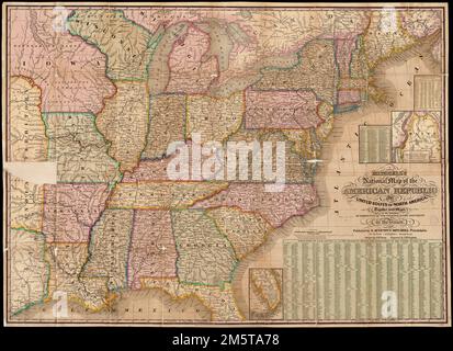 Mappa nazionale di Mitchell della Repubblica americana o degli Stati Uniti d'America del Nord: Insieme alle mappe delle vicinità di trentadue delle principali città e città dell'Unione. Mostra gli Stati Uniti a est del Texas. Rilievo mostrato da hachures. Primo meridiano: Washington, D.C. Insets: Mappa del confine nord-orientale degli Stati Uniti -- Mappa della parte meridionale della Florida. Include 2 tabelle di popolazione. Accompagnato da foglio di 32 mappe di prossimità della città con tabelle di popolazione e risorse... Mappa nazionale degli Stati Uniti di Mitchell. Mappa nazionale di Mitchell degli Stati Uniti, Stati Uniti Foto Stock