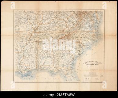 La parte meridionale degli Stati Uniti : dalle ultime indagini. Rilievo mostrato da hachures. Include (incollato in verso): Distanze tra le principali città degli stati meridionali dell'America ... 1865 -- popolazione delle principali città (censimento del 1860) -- [tabella delle statistiche, comprese le rese dei prodotti agricoli]. Titolo della copertina (dal pannello sul verso): Mappa degli Stati Uniti, parte meridionale : dalle ultime indagini / di A. Lindenkohl. New-York : D. Van Nostrand... Mappa della parte meridionale degli Stati Uniti dalle ultime indagini. Mappa della parte meridionale degli Stati Uniti dalle ultime indagini, Soutthe Foto Stock