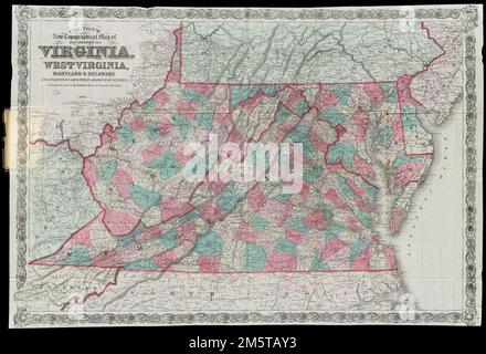 La nuova mappa topografica di Colton degli stati della Virginia, West Virginia, Maryland & Delaware e di alcune parti di altri stati adiacenti. Rilievo mostrato da hachures. Primi meridiani: Greenwich e Washington... Mappa di Colton degli stati della Virginia, Maryland, Delaware e West Virginia. Mappa di Colton degli stati di Virginia, Maryland, Delaware, e West Virginia, Virginia West Virginia Maryland Delaware Foto Stock