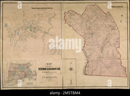 Mappa della città di Middleborough : Plymouth Co.. Massa : dalle indagini effettive. Rilievo mostrato da hachures. Insets: Middleborough Four Corners, Plan of Massachusetts, Rhode Island e Connecticut, e sezione ampliata di Middleborough Four Corners.... , Massachusetts , Plymouth , contea , Middleboro Foto Stock