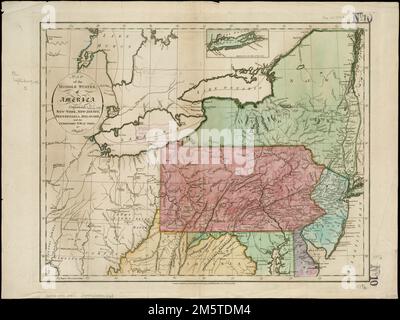 Mappa degli stati centrali dell'America : comprende New-York, New-Jersey, Pennsylvania, Delaware, e il territorio N.W. dell'Ohio. Rilievo mostrato in figura. Primo meridiano: Londra. Comprende fiumi, laghi, città, città, insediamenti principali, forti e portage. Distaccato dal suo atlante americano del 1795 - la prima raccolta di mappe degli stati. Inset: Supplemento allo Stato di New York.... , Medio Atlantico, area Foto Stock