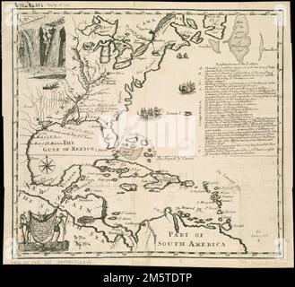 Una nuova mappa del paese della Louisiana e del fiume ye Mississipi in Nord America discou'd da Mons. De la Salle in Ye anni 1681and 1686 come allso di molti altri fiumi prima ignoti e cadendo nella baia di Ye di San Lewis. Rilievo mostrato in figura. Mostra una parte del Nord America, della Nuova Spagna, delle Indie Occidentali e parte del Sud America, con dettagli sull'area del bacino del fiume Mississippi e altri fiumi inclusi. Titolo da cartouche ornamentali. Misurato a est da due meridiani non identificati. Include il malato. Di cascate di Niagra. Include indice, 'spiegazione delle lettere'... , Nord America, area Mississippi R Foto Stock