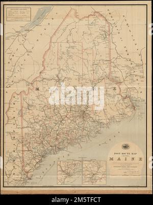 Mappa delle rotte postali dello Stato del Maine con gli uffici postali con le distanze intermedie e le rotte postali in funzione il 1st ottobre 1891. Mostra contee, ferrovie, rotte postali, orari di consegna e uffici postali fuori produzione. Primi meridiani: Washington, D.C. e Greenwich. Inset: Dintorni di Portland -- dintorni di Bangor. "Il servizio su questo diagramma aggiornato a ottobre 1st. 1891.'... , Maine Foto Stock