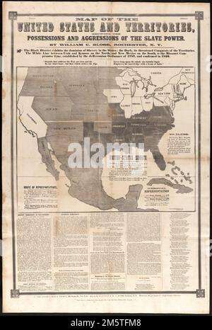 Mappa degli Stati Uniti e territori, che mostra i possedimenti e le aggressioni del potere schiavo. Mostra gli stati libero, slave e indeterminato. Include testo e statistiche. Testo, poesie ed estratti sulla schiavitù sotto la mappa. Il testo fa riferimento a 1856 eventi.. America Transformed: Mentre la mappa di Colton suggerisce una nazione unificata che si estende dall’Atlantico al Pacifico, questa banda larga pubblicata circa nello stesso tempo affronta con coraggio la questione della schiavitù. Identifica gli stati liberi in bianco, gli stati schiavi in nero e i territori contesi in grigio. Emesso durante le elezioni presidenziali del 1856, questo strike Foto Stock