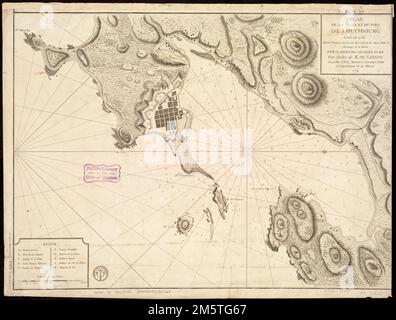 Plan de la ville et du port de Louisbourg levé en 1756. Orientato verso nord a destra. Rilievo mostrato da hachures. Profondità indicate dalle sonature. Indicizzato per fortificazioni.... , Canada , Nuova Scozia , provincia , Louisbourg Foto Stock