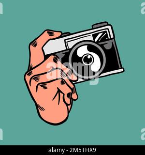 Adesivo per telecamera analogica sovrapposto su un vettore di risorse di progettazione di sfondo verde teal Illustrazione Vettoriale