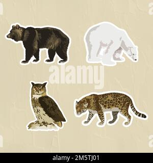 Adesivo Vettorizzato mix vintage animals con bordo bianco Illustrazione Vettoriale
