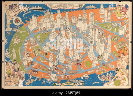 Quartiere centrale di Manhattan. Mappa grafica. Orientato con nord in alto a destra. Include illustrazioni e note di eventi storici... Nieuw Amsterdam e New York, 1789-1939. Nieuw Amsterdam e New York, 1789-1939, New York , New York , Manhattan Foto Stock