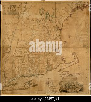 Una mappa della parte più abitata del New England : contiene le province di Massachussets Bay e New Hampshire, con le colonie di Conecticut e Rhode Island, divise in contee e borghi : il tutto composto da indagini reali e la sua situazione regolata da osservazioni astronomiche. Primi meridiani: Londra e ferro. Rilievo mostrato in figura. Insets: [Fort Frederik] [ca. 1:1.680] -- Un piano del porto di Boston da un'indagine accurata [ca. 1:150.000]. Prima edizione, secondo numero con Connecticut scritto Conecticut. Data alternativa 1759.. La creazione di mappammare di Boston ha influito sulla formazione di Gera Foto Stock