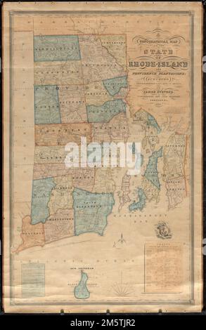 Una mappa topografica dello stato delle piantagioni di Rhode-Island e Providence. In precedenza una mappa delle pareti. Mappa catastale parziale con i nomi dei proprietari terrieri, i confini dello stato, i nomi degli stati confinanti, delle contee, delle città, delle città, della vegetazione, strade, drenaggio e altri punti di interesse. Rilievo mostrato da hachures. Profondità indicate dalle sonature. Titolo sotto: 'Entrato in cording ad atto di Congresso nell'anno milleottocentotrenta uno da James Stevens nell'ufficio dei Clerks del tribunale distrettuale del distretto di Rhode Island.' Margine inferiore destro: 'Pubblicato da James Stevens, Newport, R.I. 1832.' Include Foto Stock