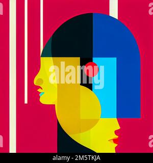 Un'eclettica opera d'arte in stile cubista di un volto su uno sfondo colorato Foto Stock