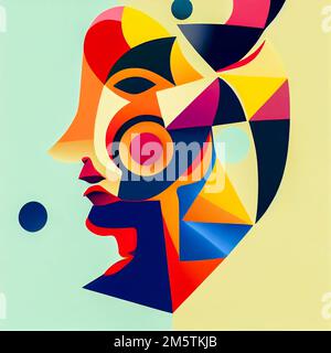 Un'eclettica opera d'arte in stile cubista di un volto su uno sfondo colorato Foto Stock