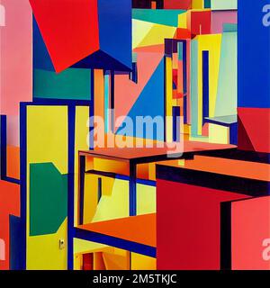 Un'eclettica opera d'arte in stile cubista su uno sfondo colorato Foto Stock