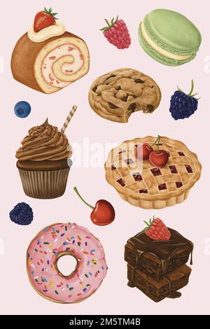 Delizioso set vettoriale di dessert dipinti a mano Illustrazione Vettoriale