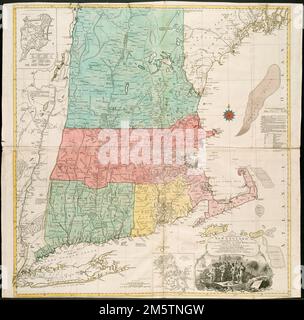 Una mappa della parte più abitata del New England, contenente le province di Massachussets Bay e New Hampshire, con le colonie di Connecticut e Rhode Island, divisa in contee e borghi, il tutto composto da indagini reali e la sua situazione regolata da osservazioni astronomiche. Rilievo mostrato in figura. Colorato a mano. Primo meridiano: Londra e ferro. Include dati di compilazione e inset di "Un piano della città di Boston" e "Un piano del porto di Boston da un'accurata indagine", ca. 1:150.000.... , New England, area Foto Stock