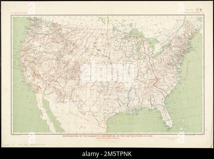 Distribuzione della declinazione magnetica negli Stati Uniti nel 1900. Rilievo mostrato dai contorni. In alto a destra: Diciassettesima relazione annuale, parte. I, pl. II... , Stati Uniti Foto Stock