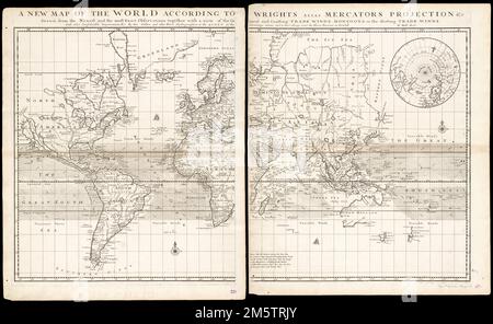 Una nuova mappa del mondo secondo Wrights alias Mercators Projection &c : tratto dalle più recenti e più esatte osservazioni insieme con una vista generale e di vento di commercio di inerzia, monsoni o il vento di scambio che si sposta con altri miglioramenti notevoli &c. Una mappa del mondo dettagliata e su larga scala, incisa da Herman Moll, con le impronte di Geremia Vender e Charles Price. La mappa è sulla proiezione di Mercatore con frecce e ombreggiature al centro che raffigurano i venti commerciali. La costa australiana è incompleta, con la costa orientale, e una grande parte della costa meridionale non è dr Foto Stock