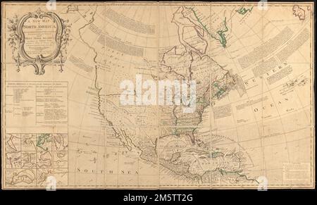 Una nuova mappa del Nord America : con i domini britannico, francese, spagnolo, olandese e danese su quel grande continente, e le isole dell'India occidentale, secondo il trattato definitivo concluso a Parigi il 10th febbraio 1763. Rilievo mostrato in figura. Include note storiche, estratti di trattati, direzioni prevalenti del vento, 10 inset di porti e una tabella che mostra che "il Nord America è diviso nel continente e nelle isole" in base alla geografia e alla politica. Cartine inset: St. John's Harbour -- Boston Harbour -- P. di Long Island -- Ashley e Cooper River -- Port Royal Harbour -- Baia e città di Hava Foto Stock