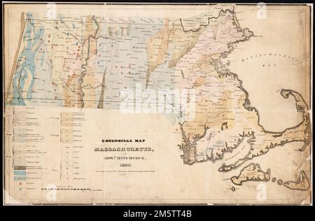 Mappa geologica del Massachusetts. Appare in: Rapporto del Prof. Hitchcock al Governo del Massachusetts sulla geologia di quello Stato; pubblicato in: The American Journal of Science and Arts (New Haven, Conn.), v. 22 (1832). 'Pendleton's Lithog[raph]y Boston.'. Negli anni '1830s e '1840s, numerosi stati orientali in tutto il paese avevano istituito indagini geologiche formali per indagare le loro risorse minerarie. Edward Hitchcock divenne il primo geologo del Massachusetts nel 1830, e due anni dopo produsse questa mappa mentre ricopriva quel ruolo. Hitchcock non solo ha usato il colore per differenziare betwee Foto Stock