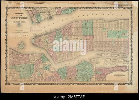 Mappa di Johnson di New York e delle città adiacenti. Mostra i nomi delle strade, i rioni, le ferrovie, le installazioni militari, le rotte dei traghetti, Parchi, e alcuni edifici per New York City e parti di Brooklyn, Jersey City e Hoboken. Mostra anche i nomi degli edifici di Blackwells Island. Inset: Continuazione della città e della contea di New York su scala ridotta. Sul margine superiore destro: 30. Sul margine superiore sinistro: 29. Verso: Indice geografico, o riferimento immediato, p. 37-38. Dalla nuova famiglia illustrata (lamiera d'acciaio) di Johnson atlas... Mappa di New York e delle città adiacenti. Mappa di New York e delle città adiacenti, NE Foto Stock