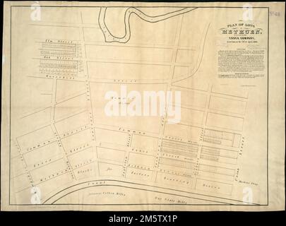 Piano dei lotti a Methuen : da vendere alla ditta Essex all'asta il 28th aprile 1846. Mappa catastale che mostra i numeri di lotto e le dimensioni della proprietà. Copre l'area Hampshire St. Fino a Union St., Elm St. Fino a Methuen St., Lawrence, Mass. Include testo sulle condizioni di vendita e le condizioni di pagamento.... , Massachusetts , Essex , contea , Methuen Foto Stock