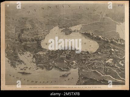 La croce e la mezzaluna--mappa pittorica di Harper della sede della guerra nell'est. Rilievo mostrato da landforms. 'Supplemento a Harper's Weekly per giugno 1877 - (vedere pagina 430).'... , Turchia Penisola balcanica, area Foto Stock