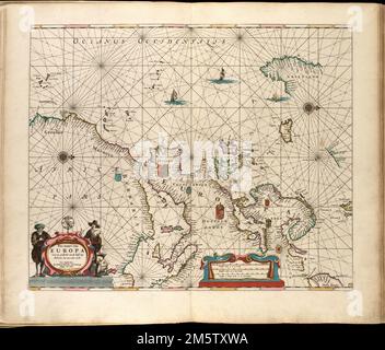 Pas-kaart van Europa met een gedeelte van de kust van Africa tot aen Cabo Verde. Mappa dell'Europa con le coste dell'Africa e di Capo Verde. Orientato verso nord a destra. Comprende stemmi, illazioni e un'elaborata cartouche. Dallo Zee-atlas dell'autore di Water-waerelt. Amsterdam: Di Hendrik Doncker, boeckverkooper, en graat-boog-maker, in de Nieuwe-brug-steegh, in 't Stuurmans Gereetschap, anno 1660 [cioè 1665]. Catalogazione, conservazione e digitalizzazione rese possibile in parte dall'Endowment Nazionale per le Scienze umanistiche: Esplorare lo sforzo umano.... , Europa Europa Foto Stock