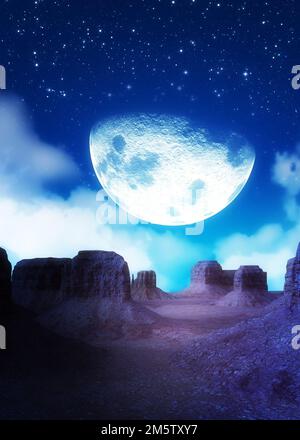 Cielo stellato e luna sopra canyon rosso di notte, 3D Illustrazione. Foto Stock