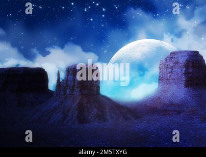 Cielo stellato e luna sopra canyon rosso di notte, 3D Illustrazione. Foto Stock