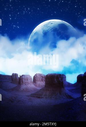 Cielo stellato e luna sopra canyon rosso di notte, 3D Illustrazione. Foto Stock
