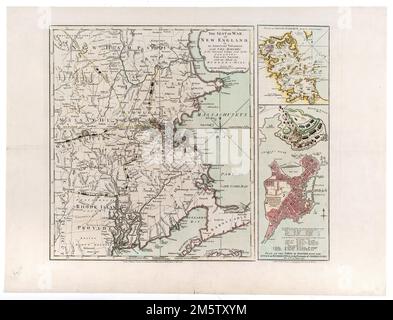 La sede della guerra, nel New England, da parte di un volontario americano : con le marce dei diversi corpi inviati dalle colonie, verso Boston, con l'attacco a Bunkers-Hill. Primo meridiano: Boston. Rilievo mostrato da hachures. La mappa del New England mostra le rotte di marzo e gli accampamenti delle forze coloniali verso Boston. I movimenti di Battaglia di Bunker Hill sono mostrati da illustrazioni di truppe e la bruciatura di Charlestown. Il testo e la tabella dei riferimenti con la mappa inset di Boston forniscono ulteriori informazioni sulla città. Insets: Piano del porto di Boston, da un'indagine reale--piano della città di Boston con t Foto Stock