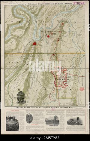 Mappa del Parco Nazionale di Chickamauga e Chattanooga. Mostra le strade, le ferrovie, i confini dello stato, i nomi delle località e il confine del parco nazionale. "Le linee rosse indicano le strade pubbliche." Rilievo mostrato da hachures. Include testo e ILL. '9923' si trova nell'angolo in basso a sinistra. Testo e male. in verso... Chickamauga e Parco Nazionale di Chattanooga. Parco Nazionale di Chickamauga e Chattanooga, Georgia, Walker, contea, Chickamauga Chickamauga e Parco militare Nazionale di Chattanooga Foto Stock